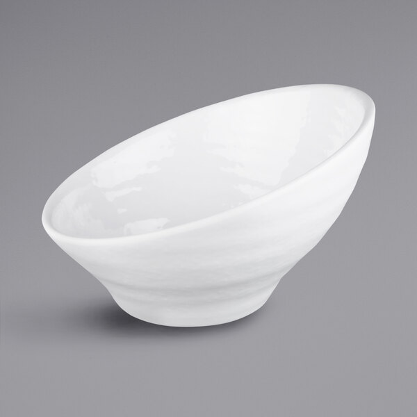 A white Elite Global Solutions Durango melamine bowl with a small rim on a gray background.