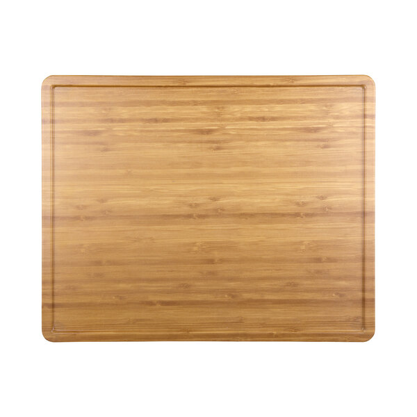 An Elite Global Solutions faux bamboo melamine serving board with a wooden border.