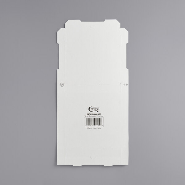 A white rectangular pizza box with a label.