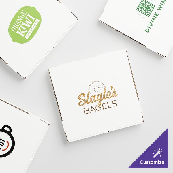 A group of white Choice pizza boxes with customizable logos.