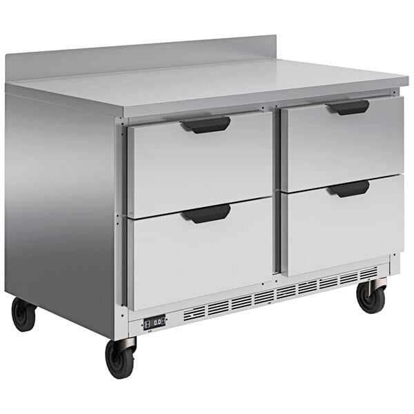 A Beverage-Air stainless steel worktop freezer with four drawers.