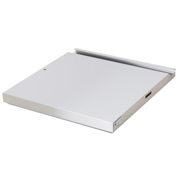 A silver rectangular door with a metal strip on the right half.