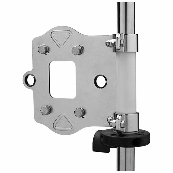 A metal T&S hose reel table leg mounting bracket with a square hole.