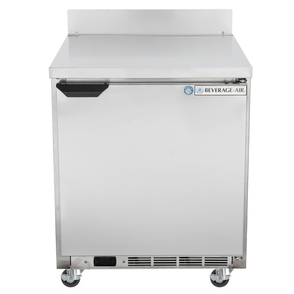 A stainless steel Beverage-Air worktop freezer with a black handle.