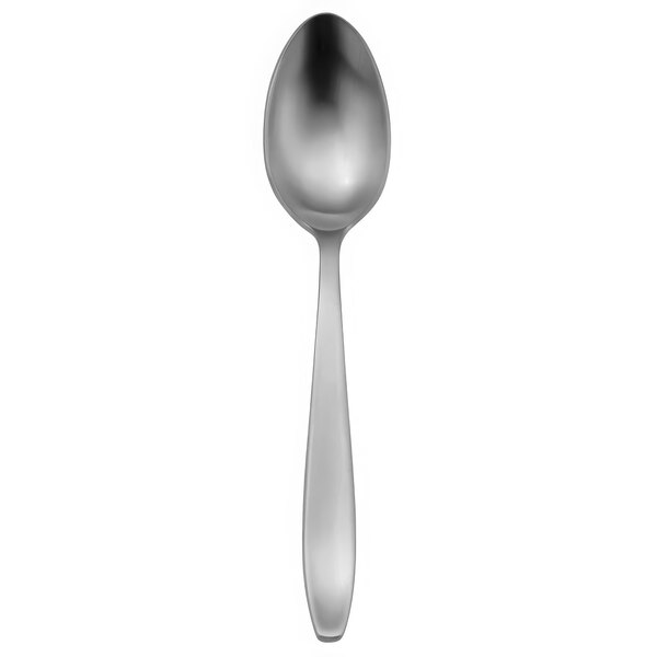 A close-up of a Oneida Sestina stainless steel teaspoon with a black top on a white background.