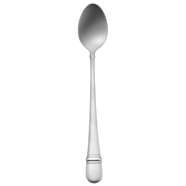 An Oneida stainless steel iced tea spoon with a white handle.