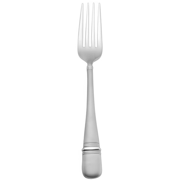 A silver dessert/salad fork with a black stripe on the handle.