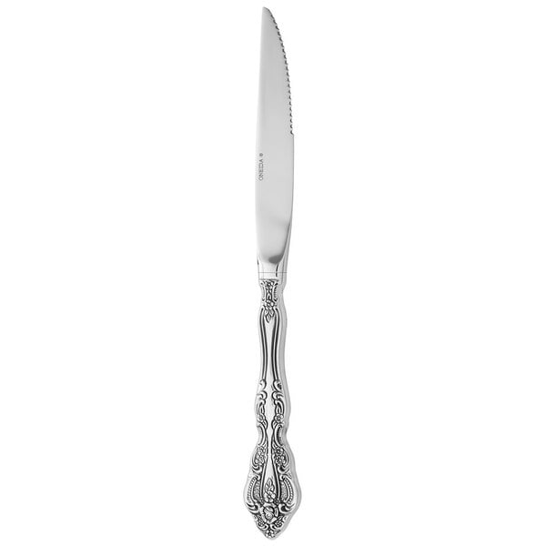 A silver Oneida Michelangelo steak knife with a handle.