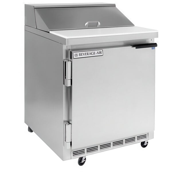 A Beverage-Air stainless steel refrigerated sandwich prep table with a left hinged door on wheels.