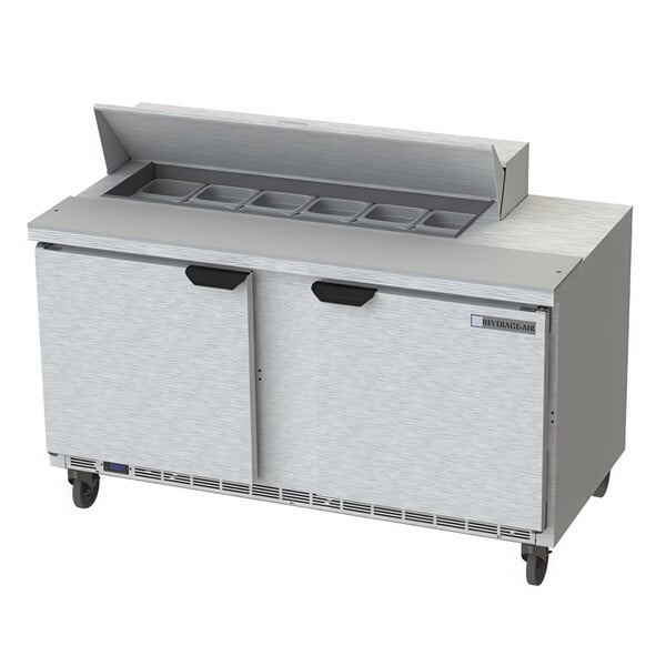 A Beverage-Air refrigerated sandwich prep table with two doors and drawers.