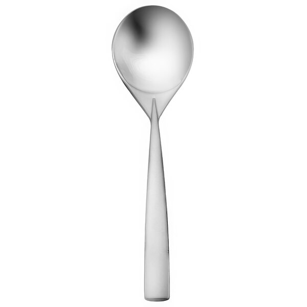 A silver Oneida Stiletto bouillon spoon with a handle.