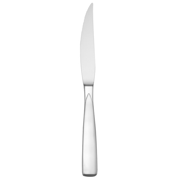A close-up of a Oneida Stiletto stainless steel steak knife with a silver handle.