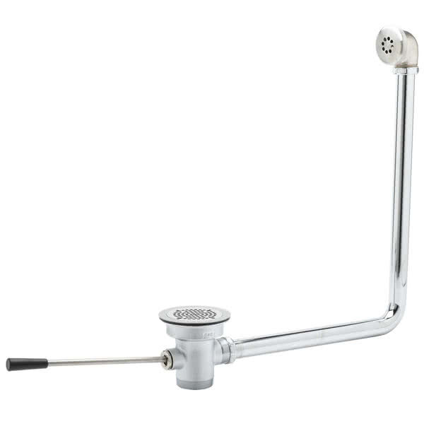 A close-up of a T&S chrome lever waste valve with short handle and overflow tube.