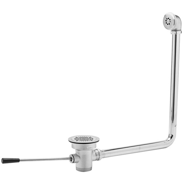 A chrome T&S lever waste valve with short handle and overflow tube installed on a sink drain.