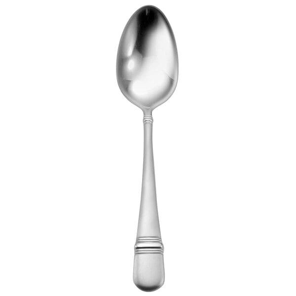 An Oneida Satin Astragal stainless steel oval bowl soup/dessert spoon with a handle.