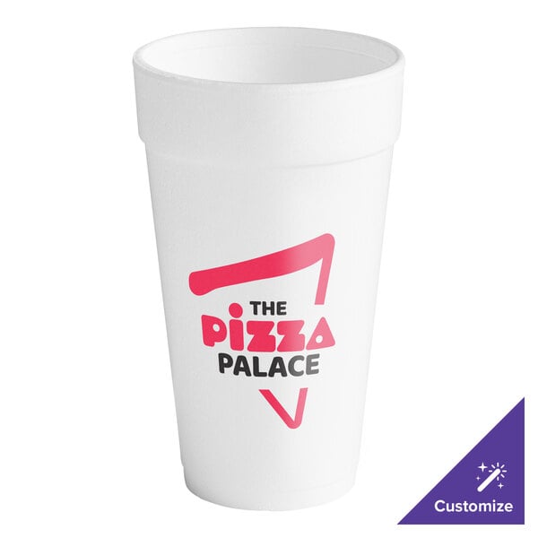 A white Dart foam cup with red text.