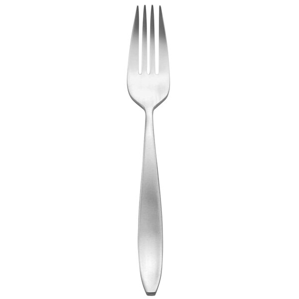 A silver fork with a white handle.