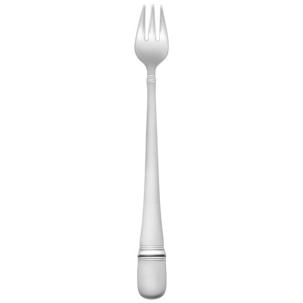 A white fork with a silver handle.