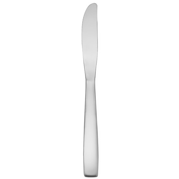 A silver knife with black lines on a white background.