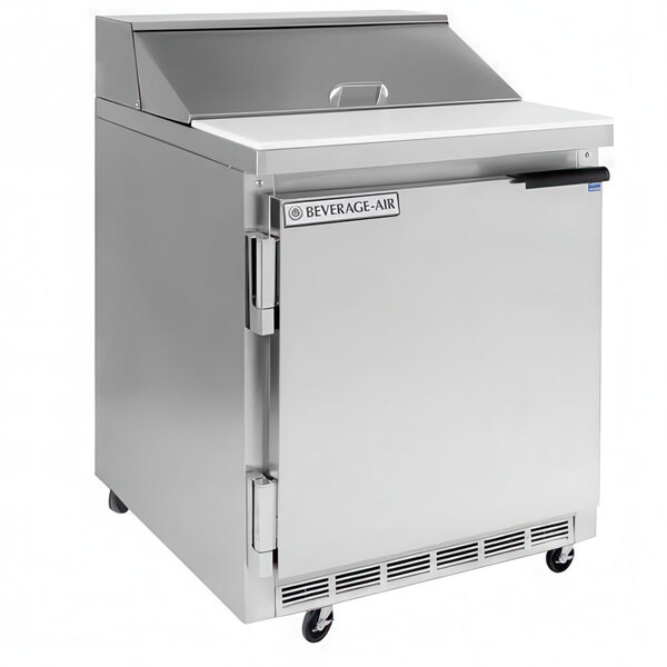 A silver stainless steel Beverage-Air refrigerated sandwich prep table with a left hinged door.