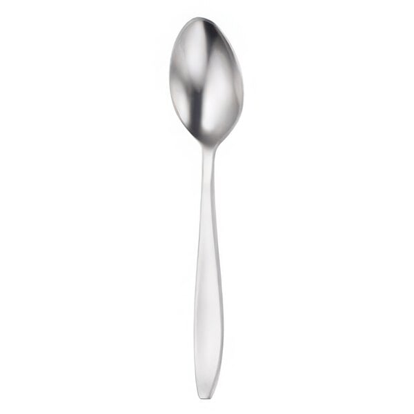 A silver spoon with a white background.