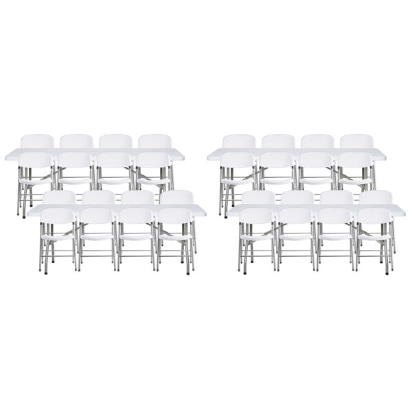 A group of Lancaster Table & Seating white folding chairs with white seats.