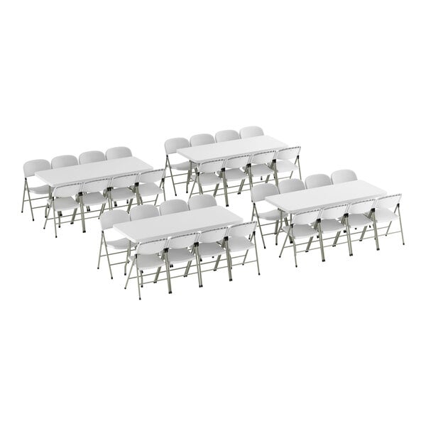 Lancaster Table & Seating (4) 30" x 72" Granite White Heavy-Duty Blow Molded Plastic Folding Tables with 32 White Folding Chairs
