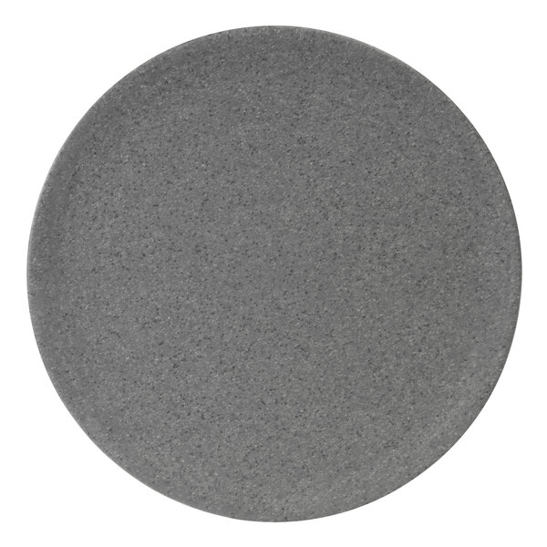 A grey round Elite Global Solutions Tenaya melamine plate with specks.