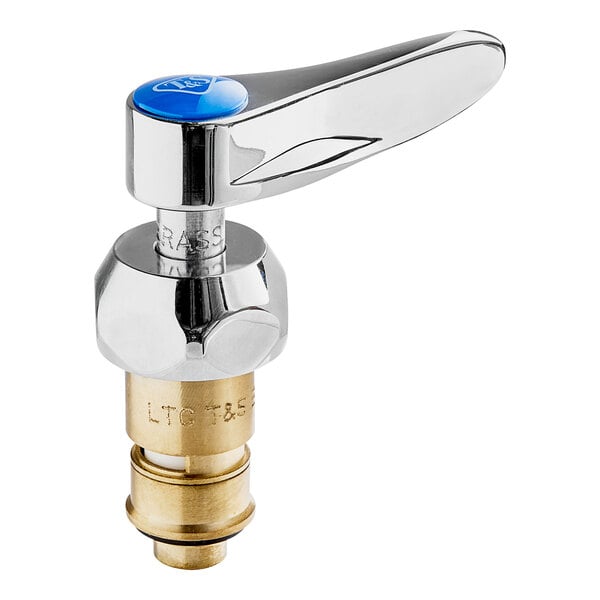 A T&S Cerama water valve cartridge with a blue and chrome finish and a blue button.