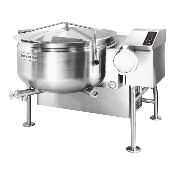 A large stainless steel natural gas tilting steam jacketed kettle with a 40-gallon capacity, designed for commercial cooking.