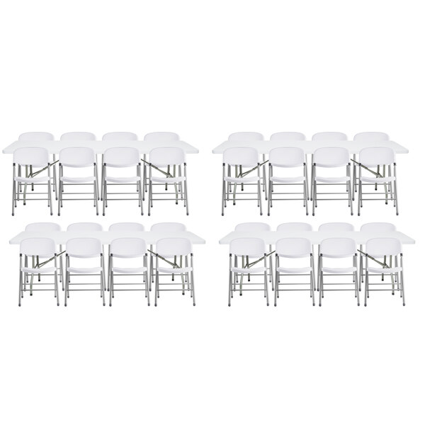 A white Lancaster Table & Seating folding table with six white plastic chairs with metal legs.