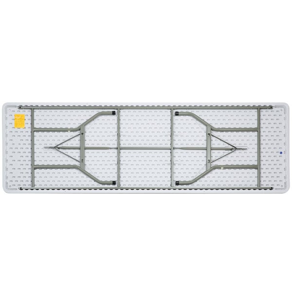 A white rectangular Lancaster Table & Seating heavy-duty plastic folding table with metal bars.