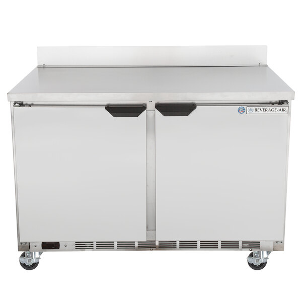 A stainless steel Beverage-Air worktop refrigerator with two doors.