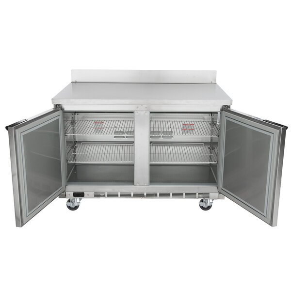 A stainless steel Beverage-Air worktop refrigerator with two doors.