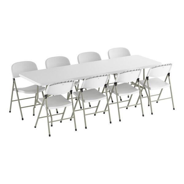 Lancaster Table & Seating 30" x 96" Granite White Heavy-Duty Blow Molded Plastic Folding Table with 8 White Folding Chairs