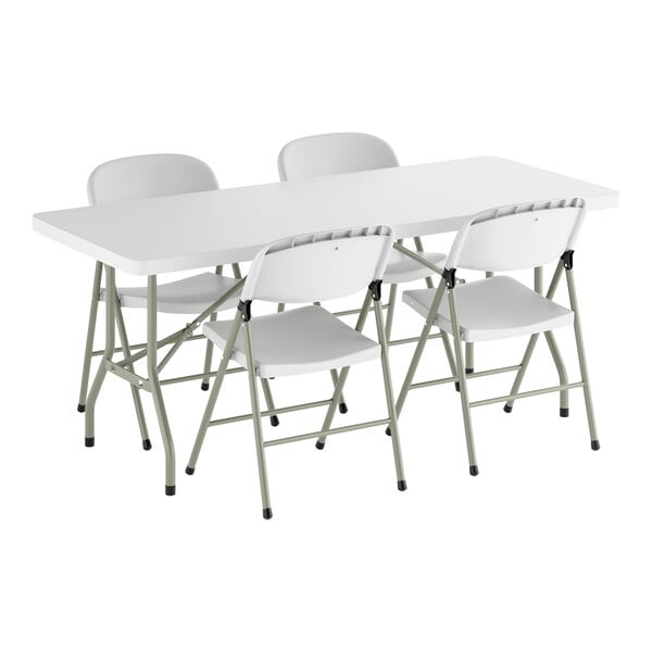 Lancaster Table & Seating 30" x 72" Granite White Heavy-Duty Blow Molded Plastic Folding Table with 4 White Folding Chairs