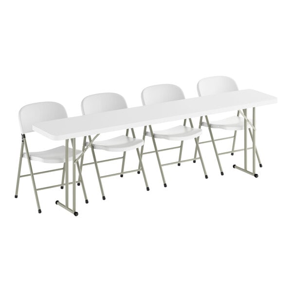 Lancaster Table & Seating 18" x 96" Granite White Heavy-Duty Blow Molded Plastic Folding Seminar Table with 4 White Folding Chairs