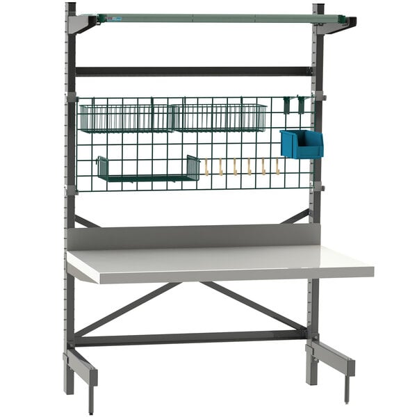 A white Metro SmartLever workcenter with a metal shelf and basket on top.