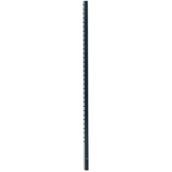 A long black metal pole with white lines on a white background.