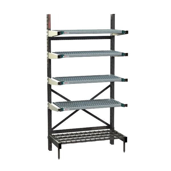 A white Metro SmartLever metal shelf with four shelves.