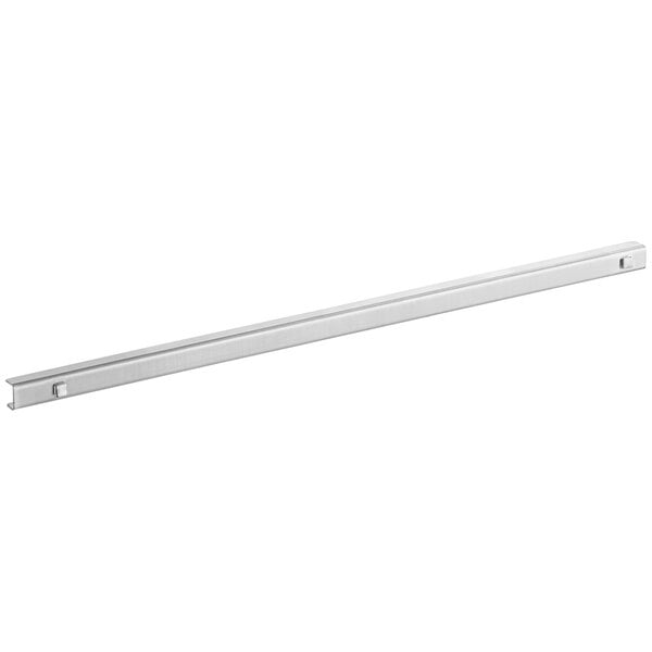 A white metal shelf rail with a long handle.