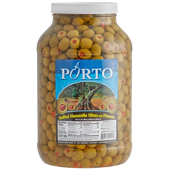 A jar of stuffed Manzanilla olives.