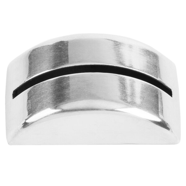 A close up of a silver semicircle with black stripes.