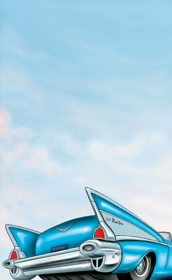 Menu paper with a white background featuring a retro blue car design.