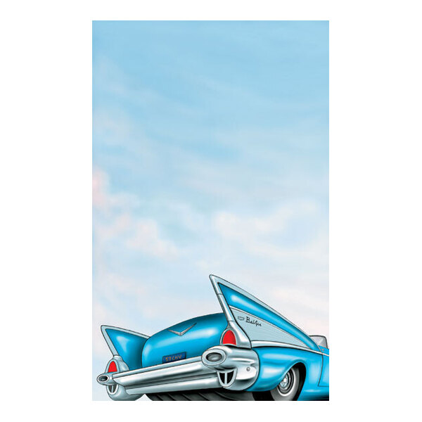 An illustration of the rear end of a classic blue car with prominent tail fins against a sky with light clouds, occupying the lower portion of the image.
