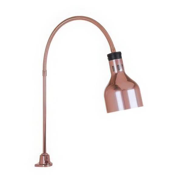 A copper Cres Cor portable heat lamp with a black shade over a long tube.