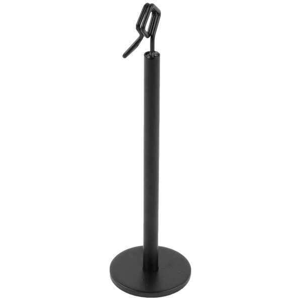 A black metal Tablecraft menu / card holder with a round base and metal hook.