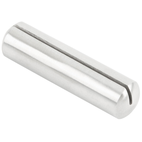 A silver stainless steel cylinder with a hole on a long handle.