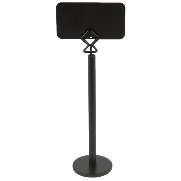 A black rectangular chalkboard label on a stand.