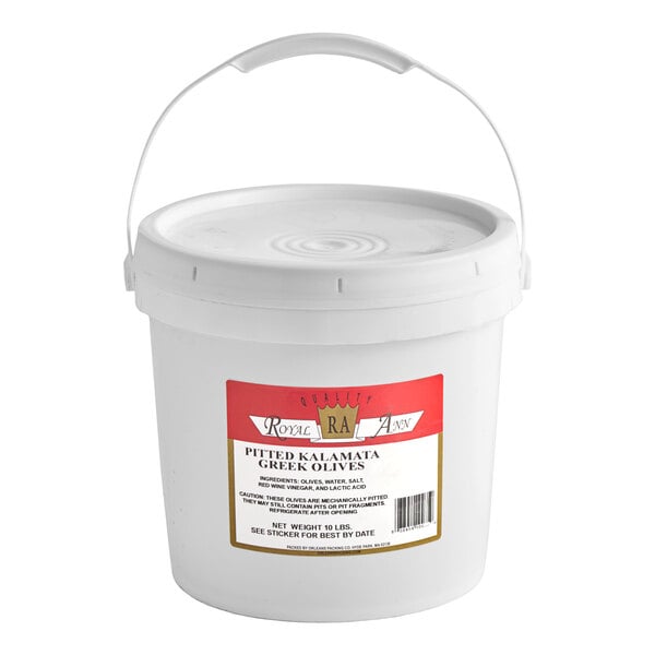 A large white plastic bucket labeled for Royal Ann pitted Kalamata Greek olives.